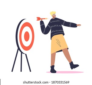 Blindfold woman holding arrow and looking to target in wrong direction. Wrong decision concept. Cartoon female character with folded eyes. Flat vector illustration