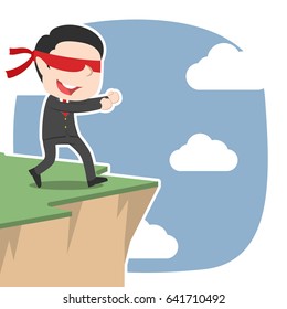 blindfolded asian businessman walking to cliff edge