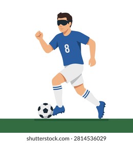 Blindfolded athlete playing soccer on a field. Flat illustration of a blindfolded male soccer player in a blue jersey dribbling a ball on a green field. Ideal for inclusion awareness or parasports articles.