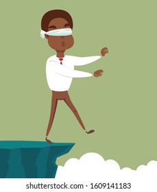 blindfolded black african american businessman walk to the cliff. Business concept. Stock flat vector illustration.