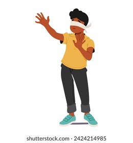 Blindfolded Boy Extends Hands Tentatively, Exploring The Unknown With Cautious Curiosity. His Senses Heightened, He Navigates The Unseen, Relying On Touch And Intuition. Cartoon Vector Illustration