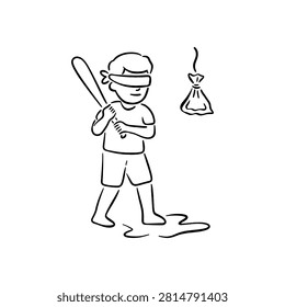 Blindfolded boy hitting hanging target game doodle vector. Indonesian traditional 17 agustus independence day contest line art illustration