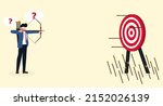 Blindfolded Businessman aiming the target. Miss the goal of success. Wrong business goals, wrong goals, conceptualization, wrong strategies and failure metaphor. Vector illustration