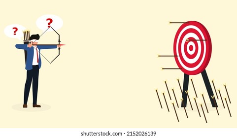 Blindfolded Businessman aiming the target. Miss the goal of success. Wrong business goals, wrong goals, conceptualization, wrong strategies and failure metaphor. Vector illustration