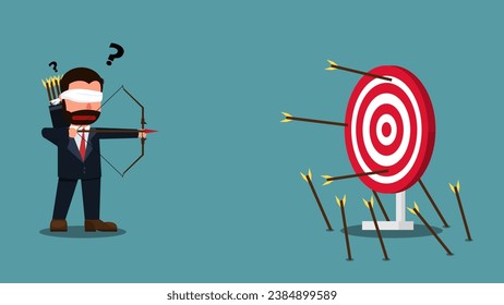 Blindfolded Businessman aiming the target. Miss the goal of success. Wrong business goals, wrong goals, conceptualization, wrong strategies, and failure metaphor. Vector illustration