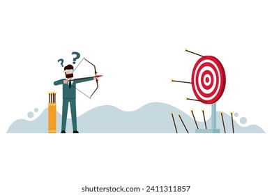 Blindfolded Businessman aiming the target. Miss the goal of success. Wrong business goals, wrong goals, conceptualization, wrong strategies, and failure metaphor. Vector illustration