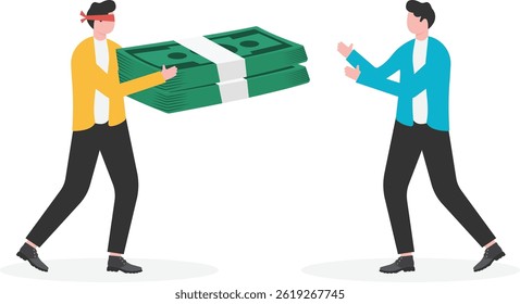 blindfolded businessman giving dollar coin money to other business people.

