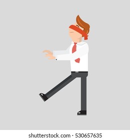 Blindfolded businessman is searching a path isolated. Flat style vector illustration. Leap of faith concept.