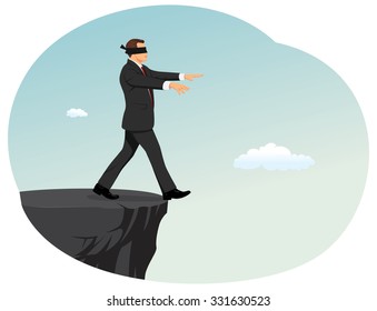 Blindfolded businessman is searching a path near a deep precipice. Business risk and bankruptcy.