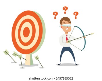 Blindfolded businessman shooting arrow. Missed the target.