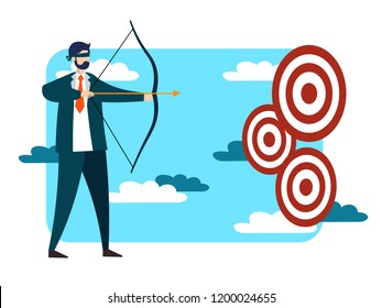 Blindfolded businessman trying to hit target or achive goal. Business success metaphor in flat style. Cartoon vector illustration