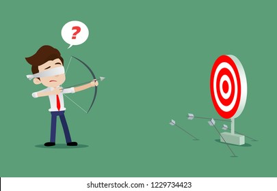 Blindfolded businessman is trying to use bow and arrow for archery but misses the target, Cartoon vector illustration