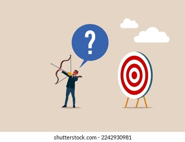 Blindfolded businessman is trying to use bow and arrow for archery but does not know where the target is. Flat vector illustration. 
