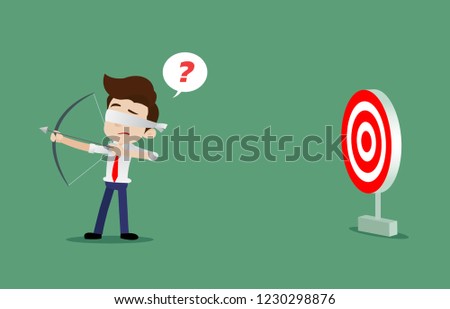 Blindfolded businessman is trying to use bow and arrow for archery but does not know where the target is, Cartoon vector illustration