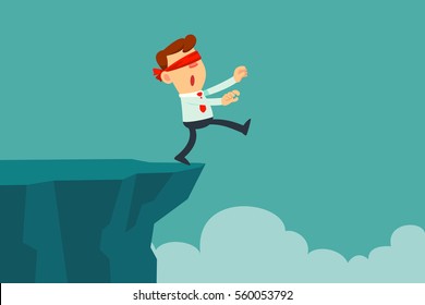 blindfolded businessman walk to the cliff. Business concept