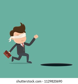 Blindfolded businessman walking into the hole. Vector illustration.