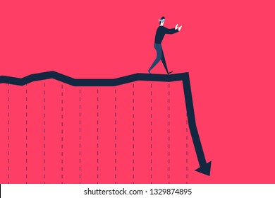 A blindfolded businessman walking on falling graph.