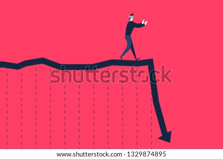 A blindfolded businessman walking on falling graph.