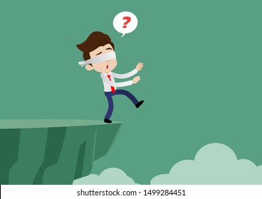 Blindfolded businessman is walking towards a cliff, Cartoon vector illustration