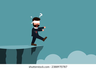 A blindfolded businessman walks towards a cliff. The concept of traveling without a plan or goal can lead to disaster or danger. A businessman who walks towards failure without realizing it