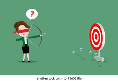 Blindfolded businesswoman is trying to use bow and arrow for archery but misses the target, Cartoon vector illustration