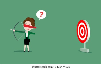 Blindfolded businesswoman is trying to use bow and arrow for archery but does not know where the target is, Cartoon vector illustration