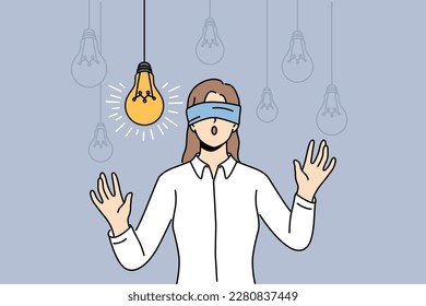 Blindfolded businesswoman walk in room full of lightbulbs looking for bright innovative idea. Woman employee with blindfold on eyes brainstorm search for innovation. Vector illustration. 