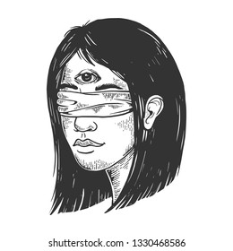 Blindfolded clairvoyant young woman with three eyes forehead vintage sketch engraving vector illustration. Scratch board style imitation. Black and white hand drawn image.