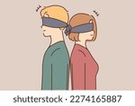 Blindfolded couple standing back to back ignoring after breakup or separation. Man and woman in blindfolds avoid communication. Relationship problem. Vector illustration. 