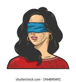 blindfolded girl color sketch engraving vector illustration. T-shirt apparel print design. Scratch board imitation. Black and white hand drawn image.