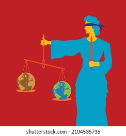 Blindfolded Lady Justice holds a scale balance. On one side is a brown, poluted Planet Earth. On the other side is a green, clean Planet Earth.