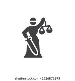 Mit verbundenen Augen Dame Gerechtigkeit mit Skalen, Vektorsymbol. gefülltes Flachschild für mobiles Konzept und Webdesign. Symbol für Gerechtigkeit. Symbol, Logo-Abbildung. Vektorgrafiken