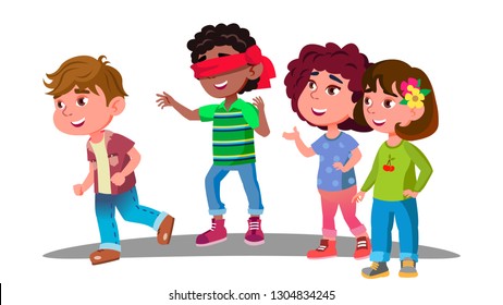 Blindfolded Little Boy Trying To Catch Other Children During Play Vector. Isolated Illustration