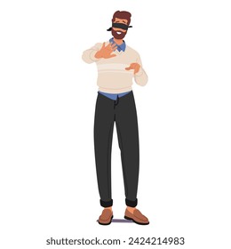 Blindfolded Man Character Extends Hands Cautiously, Feeling The Air Around Him. Fingers Brush Against Unseen Boundaries, Mapping An Unknown Space With Careful Exploration. Cartoon Vector Illustration