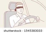 Blindfolded man drives a car. Inattentive driving concept. Hand drawn vector illustration.