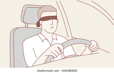 Blindfolded man drives a car. Inattentive driving concept. Hand drawn vector illustration.