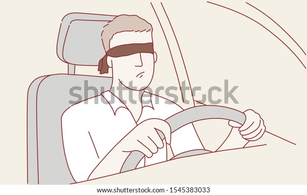 Blindfolded man drives a car. Inattentive\
driving concept. Hand drawn vector\
illustration.