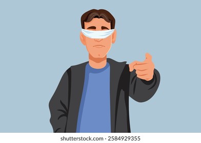 
Blindfolded Man Pointing Fingers and Accusing Vector Concept Illustration. Person with eyes covered making false accusation based on no proof 
