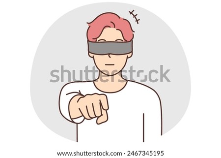 Blindfolded man pointing at screen making choice. Male with blindfold on eyes show with finger at camera. Vector illustration.