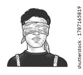 blindfolded man sketch engraving vector illustration. T-shirt apparel print design. Scratch board imitation. Black and white hand drawn image.