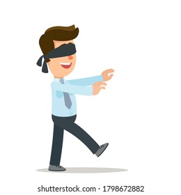A blindfolded man walks with his arms outstretched forward. Hide and seek game. Vector illustration, flat design, cartoon style, isolated on white background.