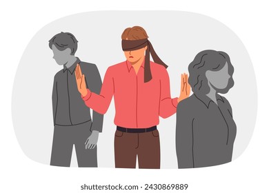 Blindfolded man wanders among colleagues, feeling insecure due to lack of professional qualifications. Blindfolded guy stands out from crowd needs help regaining spatial orientation.