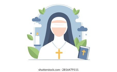 Blindfolded nun wears simple cross necklace with candle and scripture book nearby set against light blue background with floral accents.