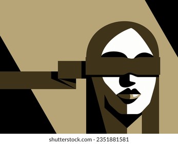 Blindfolded person - woman portrait with ribbon on her eyes. Simple flat and drawn vector illustration