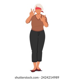 Blindfolded Senior Woman Character Extends Her Hands Cautiously, Relying On Touch And Intuition, Navigating The Unseen World With Resilience And Quiet Determination. Cartoon People Vector Illustration