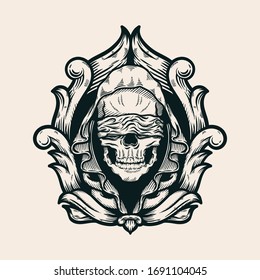 Blindfolded skull wearing hood with baroque hand drawn illustration