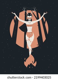 Blindfolded witch woman is performing magic dark ritual or rite near fire in the sacred forest in the light of the full moon at night. Witchcraft flat vector illustration. 