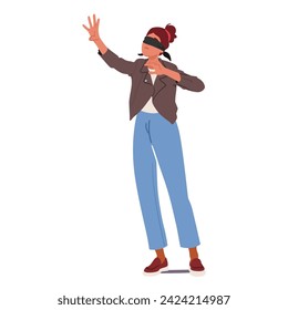 Blindfolded Woman Extends Tentative Hands, Seeking Connection In The Dark. Female Character Relying On Touch To Navigate The Unseen World That Surrounds Her. Cartoon People Vector Illustration