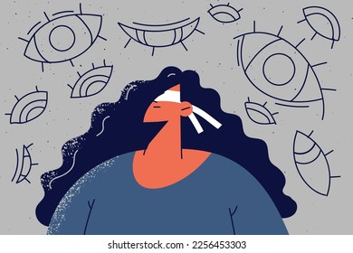 Mujer con pliego de ojos rodeada de numerosos ojos. Las chicas con los ojos cubiertos se sienten presionadas. Concepto de paranoia y salud mental. Ilustración vectorial. 