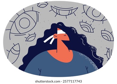 Blindfolded woman surrounded with numerous eyes. Girl with cover on eyes feel pressured stalked. Concept of paranoia and mental health. Vector illustration.